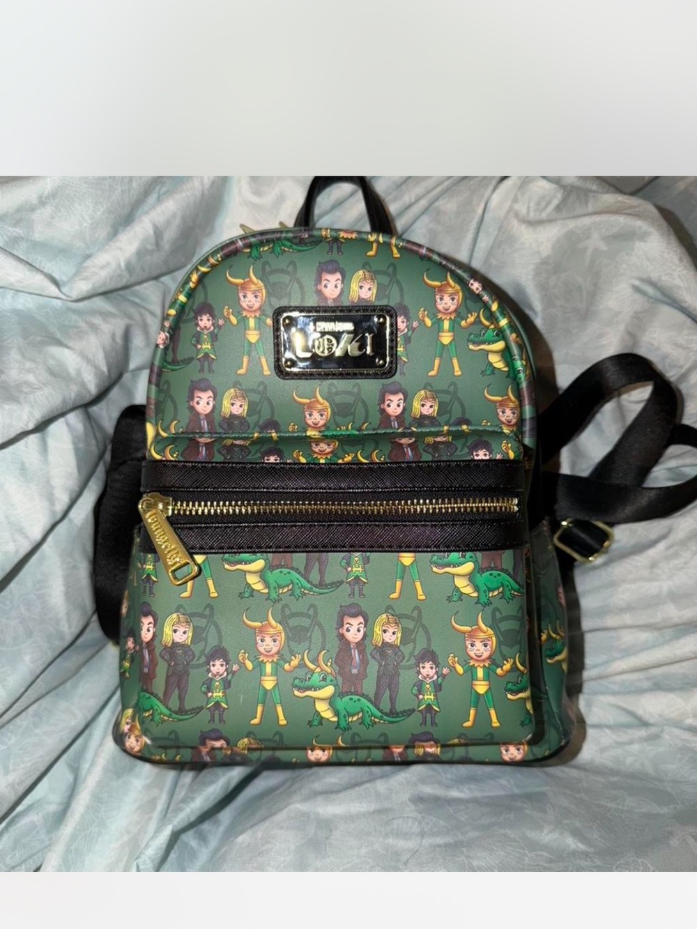 Loungefly Green Loki Pattern Mini Backpack with Gold Accents